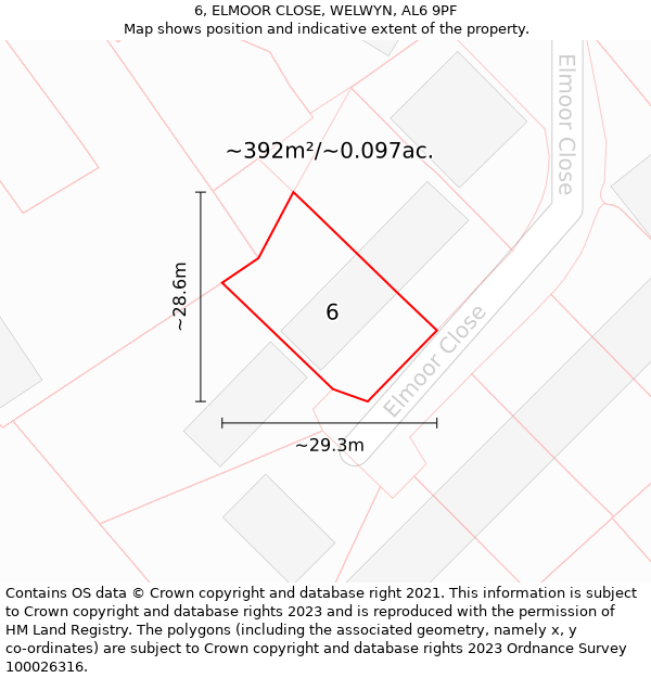 6, ELMOOR CLOSE, WELWYN, AL6 9PF: Plot and title map