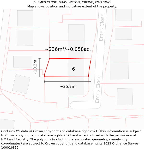 6, EMES CLOSE, SHAVINGTON, CREWE, CW2 5WG: Plot and title map