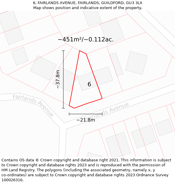 6, FAIRLANDS AVENUE, FAIRLANDS, GUILDFORD, GU3 3LX: Plot and title map