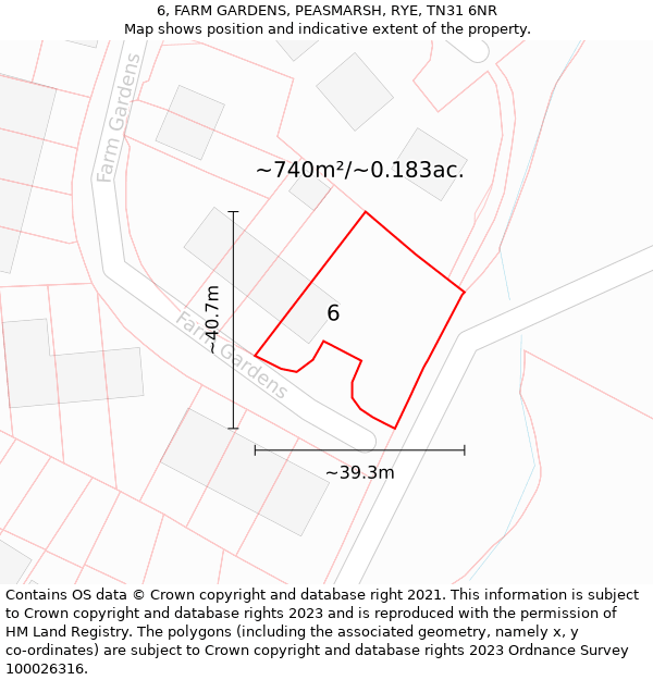 6, FARM GARDENS, PEASMARSH, RYE, TN31 6NR: Plot and title map