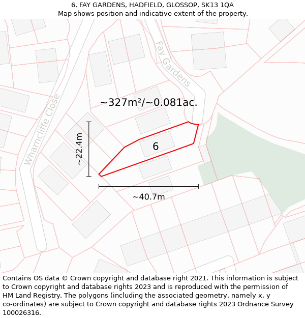 6, FAY GARDENS, HADFIELD, GLOSSOP, SK13 1QA: Plot and title map