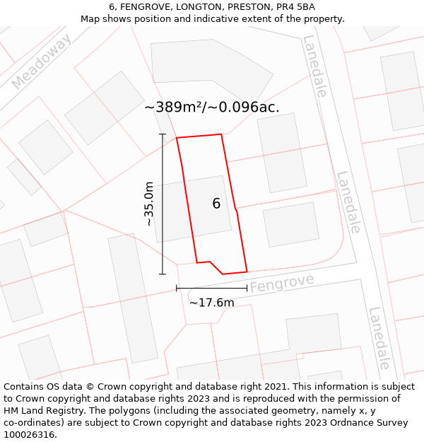 6, FENGROVE, LONGTON, PRESTON, PR4 5BA: Plot and title map