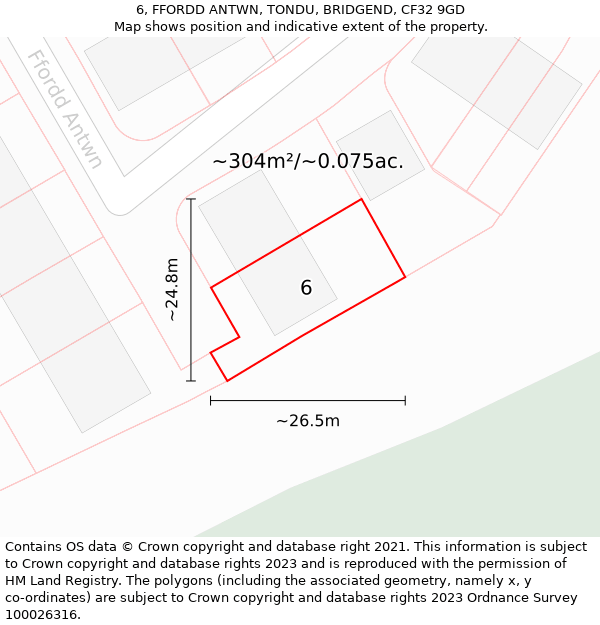 6, FFORDD ANTWN, TONDU, BRIDGEND, CF32 9GD: Plot and title map