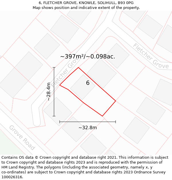 6, FLETCHER GROVE, KNOWLE, SOLIHULL, B93 0PG: Plot and title map