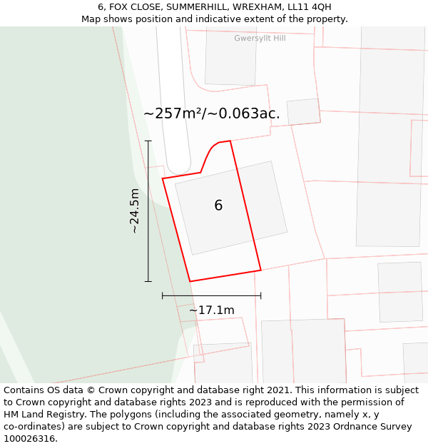 6, FOX CLOSE, SUMMERHILL, WREXHAM, LL11 4QH: Plot and title map