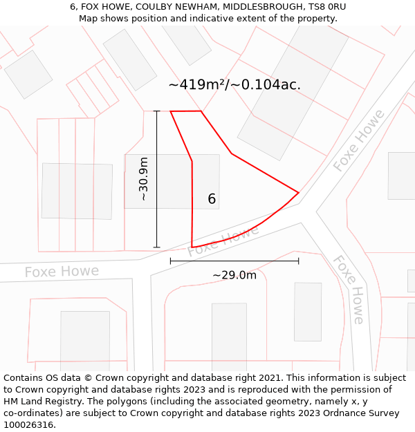 6, FOX HOWE, COULBY NEWHAM, MIDDLESBROUGH, TS8 0RU: Plot and title map