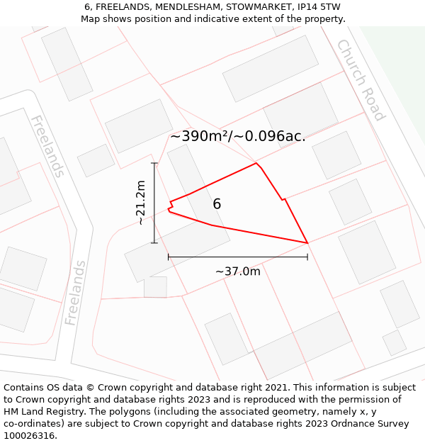 6, FREELANDS, MENDLESHAM, STOWMARKET, IP14 5TW: Plot and title map