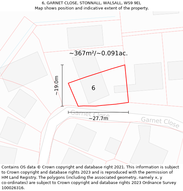 6, GARNET CLOSE, STONNALL, WALSALL, WS9 9EL: Plot and title map