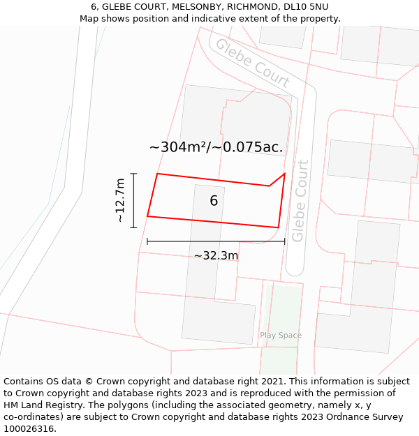 6, GLEBE COURT, MELSONBY, RICHMOND, DL10 5NU: Plot and title map