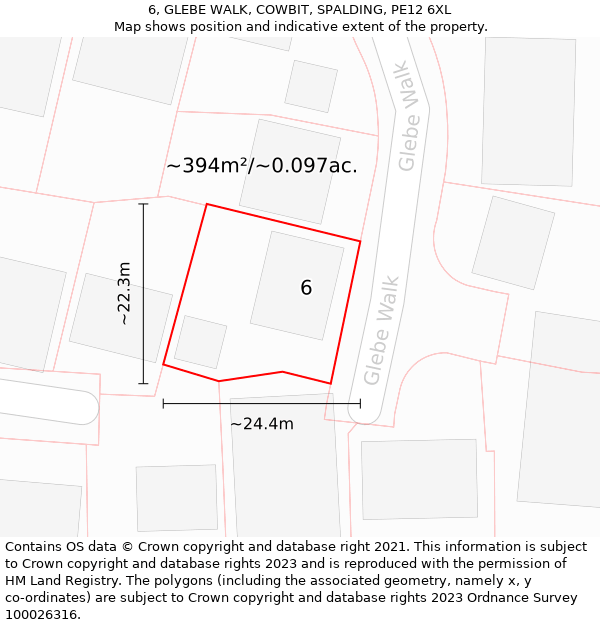 6, GLEBE WALK, COWBIT, SPALDING, PE12 6XL: Plot and title map