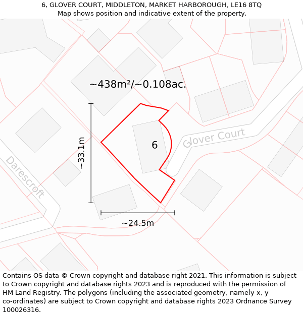 6, GLOVER COURT, MIDDLETON, MARKET HARBOROUGH, LE16 8TQ: Plot and title map