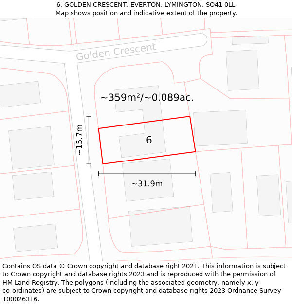 6, GOLDEN CRESCENT, EVERTON, LYMINGTON, SO41 0LL: Plot and title map