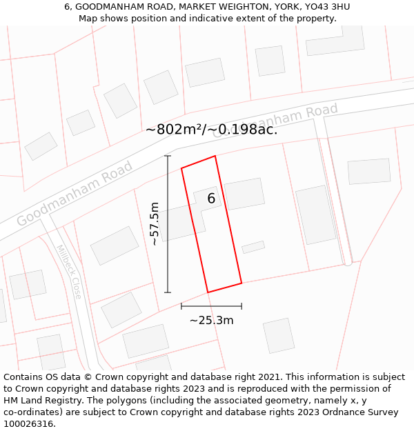 6, GOODMANHAM ROAD, MARKET WEIGHTON, YORK, YO43 3HU: Plot and title map