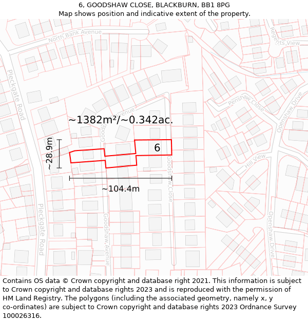 6, GOODSHAW CLOSE, BLACKBURN, BB1 8PG: Plot and title map