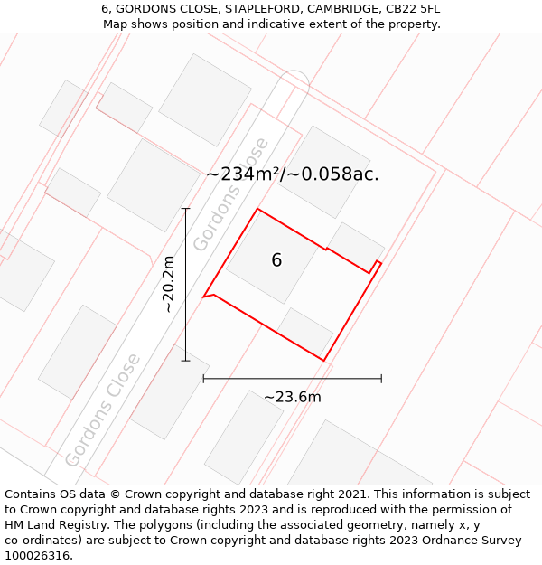 6, GORDONS CLOSE, STAPLEFORD, CAMBRIDGE, CB22 5FL: Plot and title map