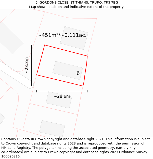 6, GORDONS CLOSE, STITHIANS, TRURO, TR3 7BG: Plot and title map