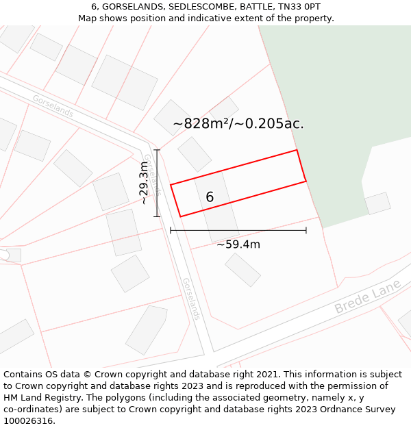 6, GORSELANDS, SEDLESCOMBE, BATTLE, TN33 0PT: Plot and title map