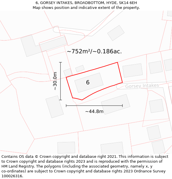 6, GORSEY INTAKES, BROADBOTTOM, HYDE, SK14 6EH: Plot and title map