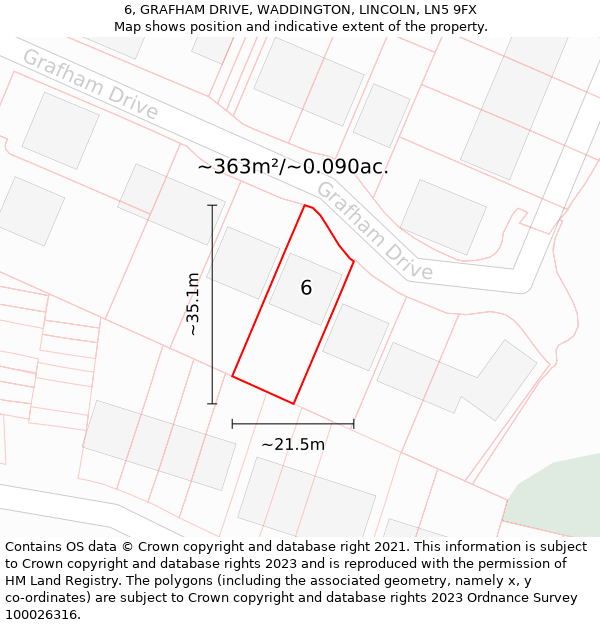 6, GRAFHAM DRIVE, WADDINGTON, LINCOLN, LN5 9FX: Plot and title map