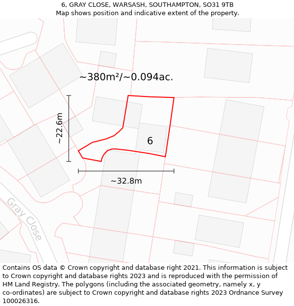 6, GRAY CLOSE, WARSASH, SOUTHAMPTON, SO31 9TB: Plot and title map