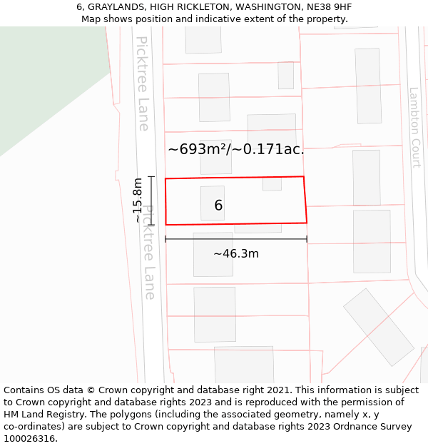 6, GRAYLANDS, HIGH RICKLETON, WASHINGTON, NE38 9HF: Plot and title map