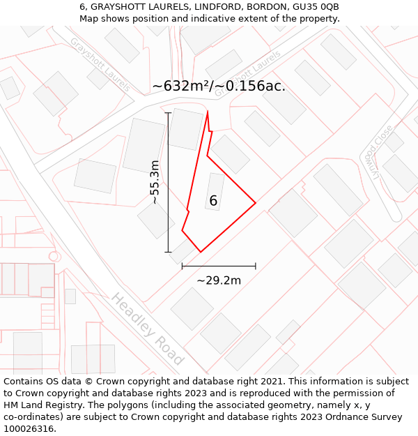 6, GRAYSHOTT LAURELS, LINDFORD, BORDON, GU35 0QB: Plot and title map