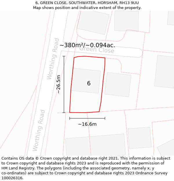 6, GREEN CLOSE, SOUTHWATER, HORSHAM, RH13 9UU: Plot and title map