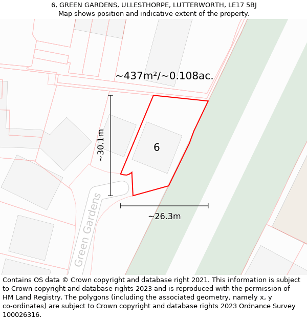 6, GREEN GARDENS, ULLESTHORPE, LUTTERWORTH, LE17 5BJ: Plot and title map