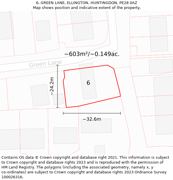 6, GREEN LANE, ELLINGTON, HUNTINGDON, PE28 0AZ: Plot and title map