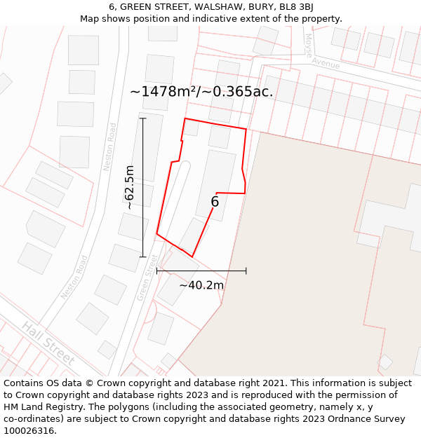 6, GREEN STREET, WALSHAW, BURY, BL8 3BJ: Plot and title map