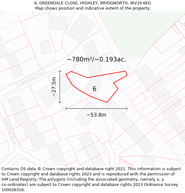 6, GREENDALE CLOSE, HIGHLEY, BRIDGNORTH, WV16 6EG: Plot and title map