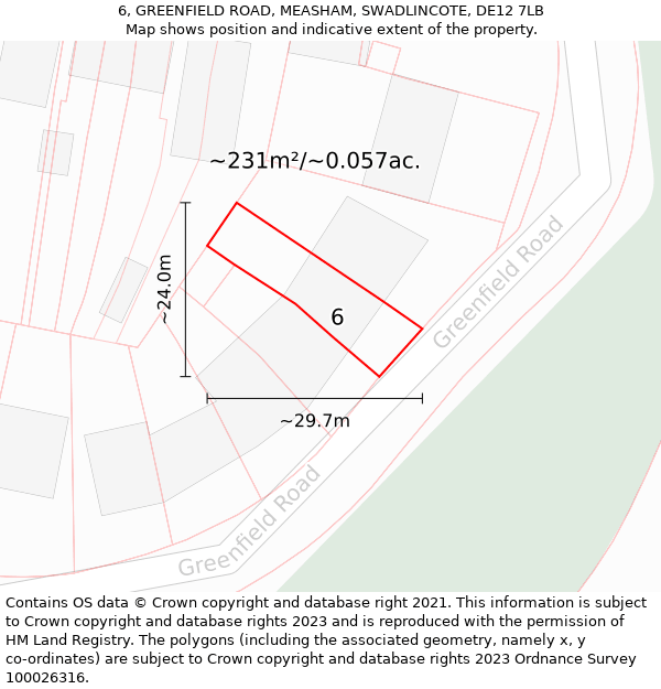 6, GREENFIELD ROAD, MEASHAM, SWADLINCOTE, DE12 7LB: Plot and title map