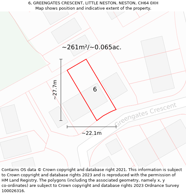 6, GREENGATES CRESCENT, LITTLE NESTON, NESTON, CH64 0XH: Plot and title map