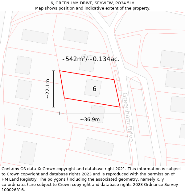 6, GREENHAM DRIVE, SEAVIEW, PO34 5LA: Plot and title map