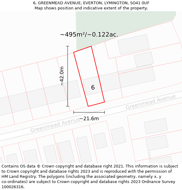 6, GREENMEAD AVENUE, EVERTON, LYMINGTON, SO41 0UF: Plot and title map