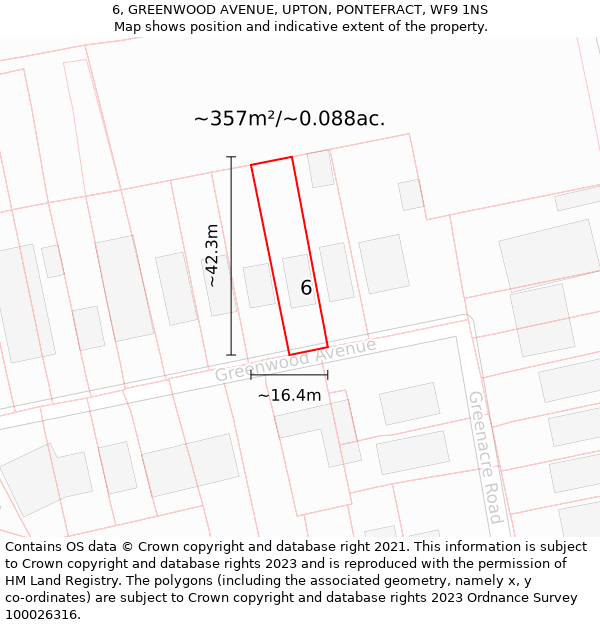 6, GREENWOOD AVENUE, UPTON, PONTEFRACT, WF9 1NS: Plot and title map