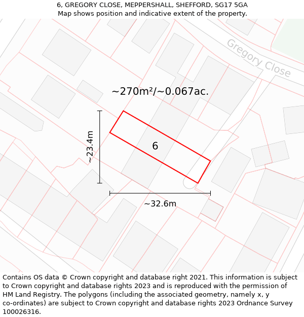 6, GREGORY CLOSE, MEPPERSHALL, SHEFFORD, SG17 5GA: Plot and title map