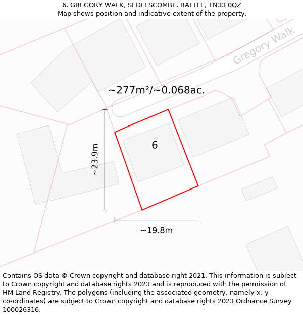 6, GREGORY WALK, SEDLESCOMBE, BATTLE, TN33 0QZ: Plot and title map