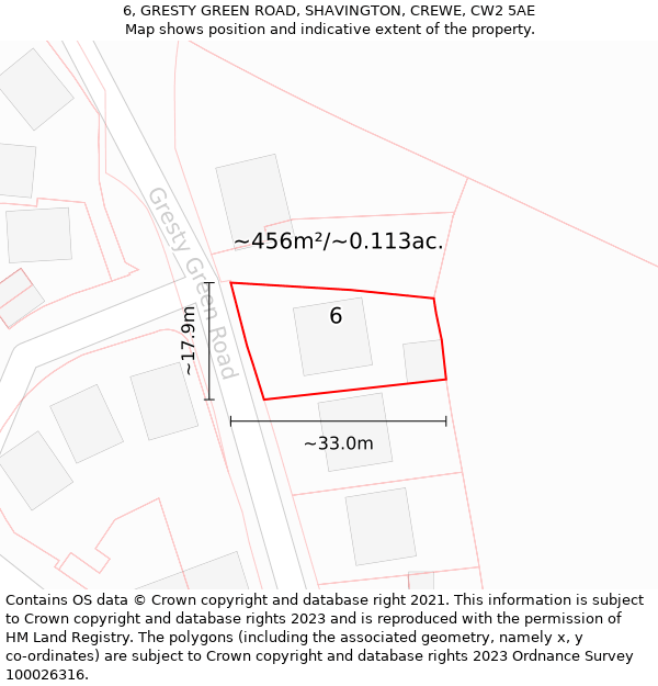 6, GRESTY GREEN ROAD, SHAVINGTON, CREWE, CW2 5AE: Plot and title map