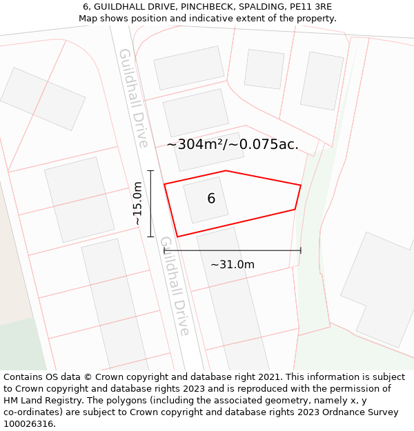 6, GUILDHALL DRIVE, PINCHBECK, SPALDING, PE11 3RE: Plot and title map