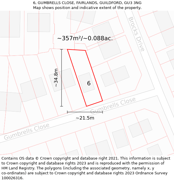 6, GUMBRELLS CLOSE, FAIRLANDS, GUILDFORD, GU3 3NG: Plot and title map