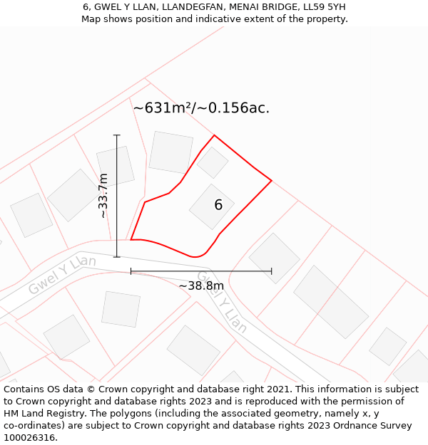 6, GWEL Y LLAN, LLANDEGFAN, MENAI BRIDGE, LL59 5YH: Plot and title map