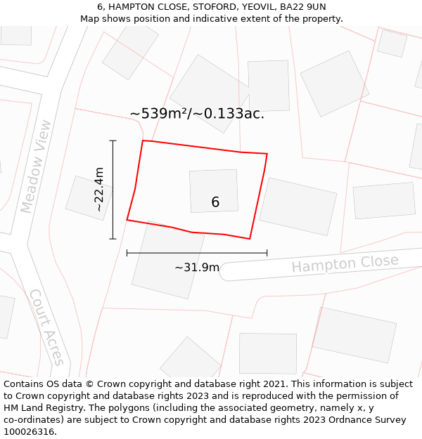 6, HAMPTON CLOSE, STOFORD, YEOVIL, BA22 9UN: Plot and title map