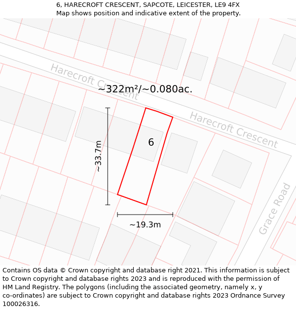 6, HARECROFT CRESCENT, SAPCOTE, LEICESTER, LE9 4FX: Plot and title map