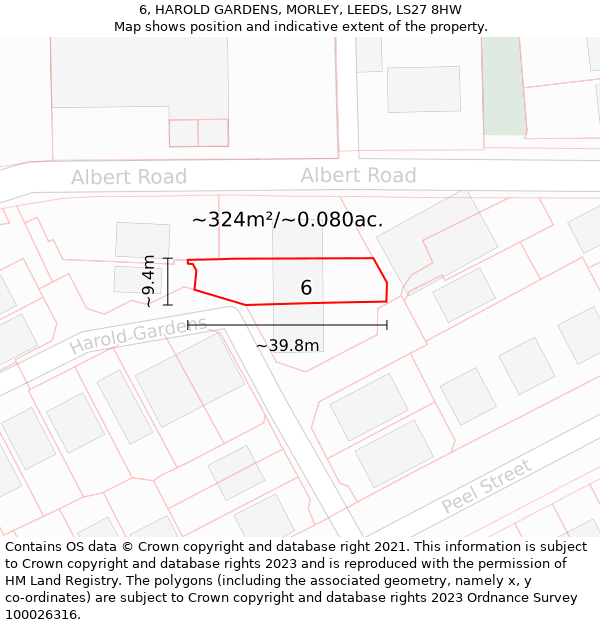 6, HAROLD GARDENS, MORLEY, LEEDS, LS27 8HW: Plot and title map