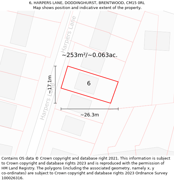 6, HARPERS LANE, DODDINGHURST, BRENTWOOD, CM15 0RL: Plot and title map