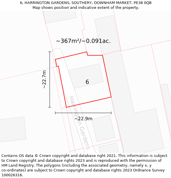 6, HARRINGTON GARDENS, SOUTHERY, DOWNHAM MARKET, PE38 0QB: Plot and title map