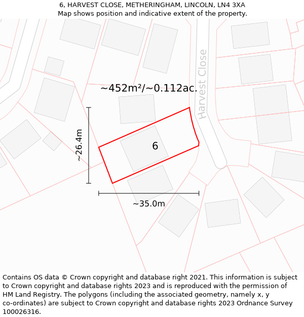 6, HARVEST CLOSE, METHERINGHAM, LINCOLN, LN4 3XA: Plot and title map