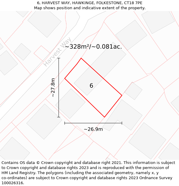 6, HARVEST WAY, HAWKINGE, FOLKESTONE, CT18 7PE: Plot and title map