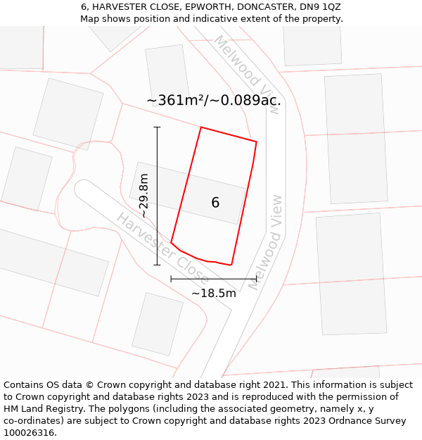 6, HARVESTER CLOSE, EPWORTH, DONCASTER, DN9 1QZ: Plot and title map